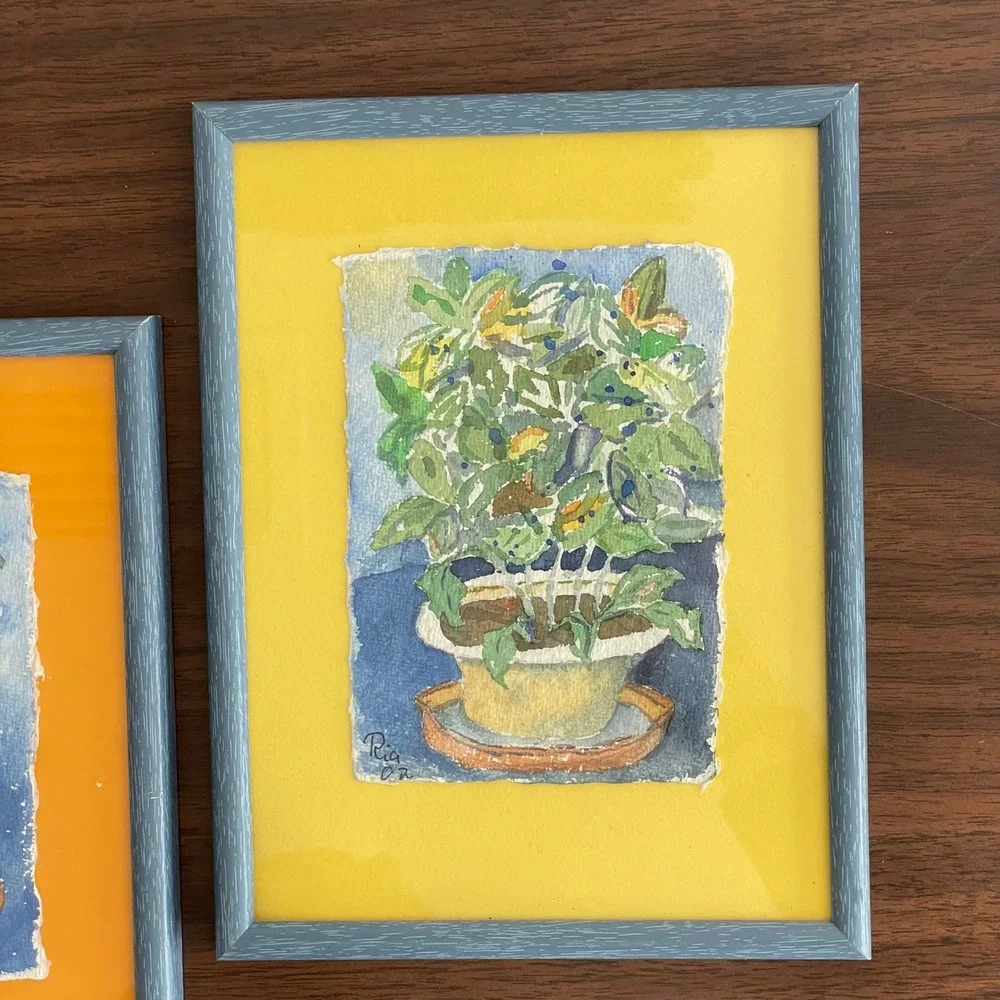 Original‎ Watercolor Art Plants Bright Colorful Signed Frames Set Small